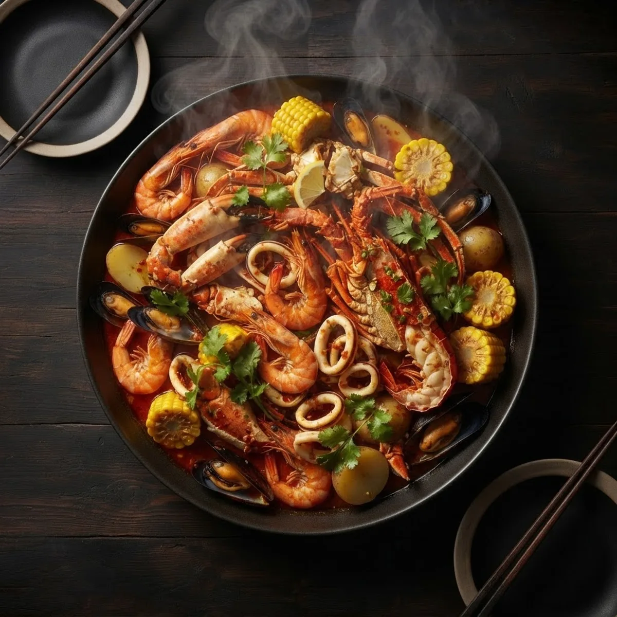 The Chinese Seafood Boiled, prawn, crab and shellfish tipped out whole in house spice