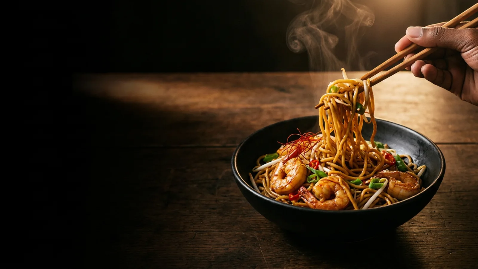 A lift of Master Lee chow mein with prawns, steaming over a dark wood table