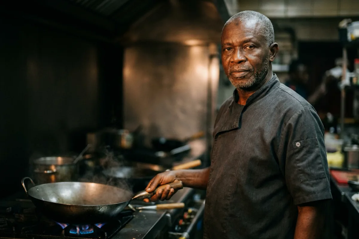 Master Lee at his wok station, one hand on the pan, gas flame low behind him