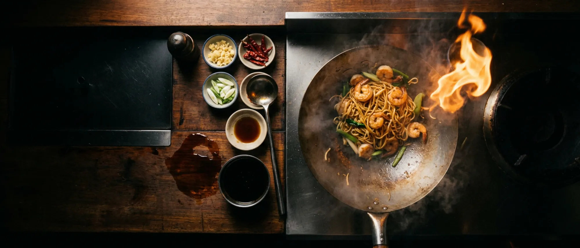 A wok of chow mein and prawns catching flame beside bowls of ginger, chilli and spring onion